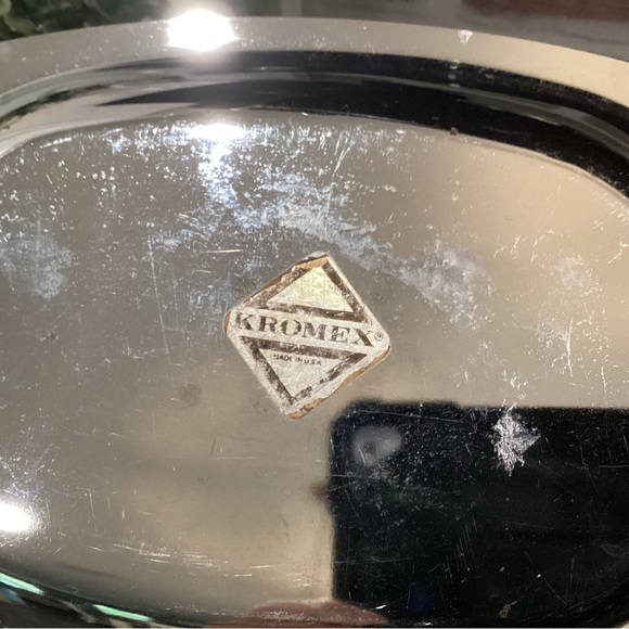 Vintage Silver Metal Kromex Serving Tray with Gold Metal Accent Handles - Picture 6 of 10